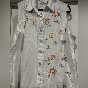 Dress Barn Floral Embroidered White Button-Up Blouse